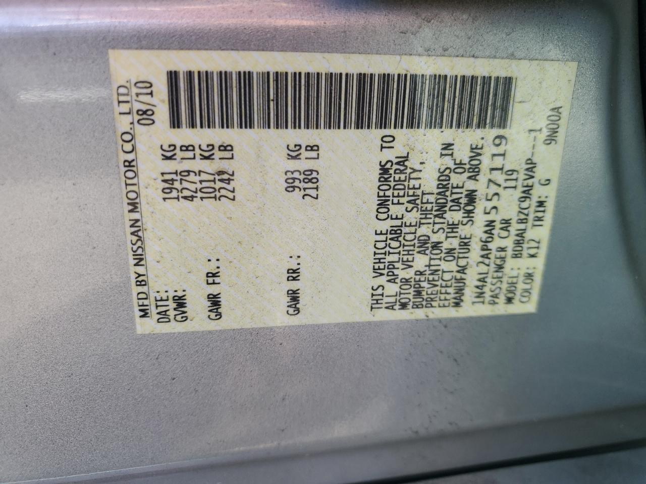 2010 Nissan Altima Base VIN: 1N4AL2AP6AN557119 Lot: 82121585