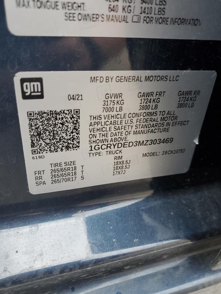2021 Chevrolet Silverado K1500 Lt VIN: 1GCRYDED3MZ303469 Lot: 85201365