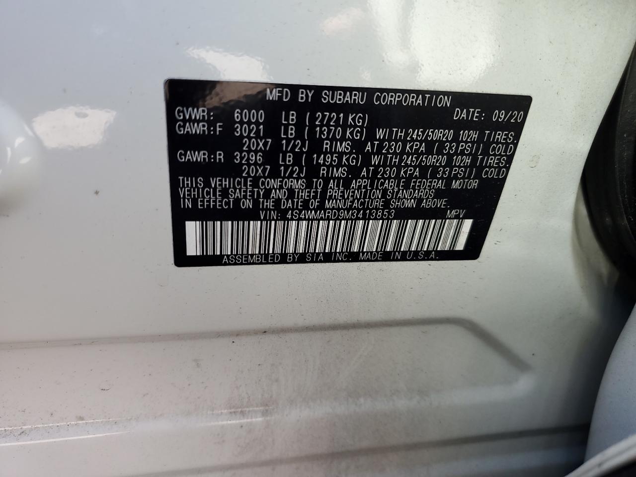 2021 Subaru Ascent Touring VIN: 4S4WMARD9M3413853 Lot: 89712255