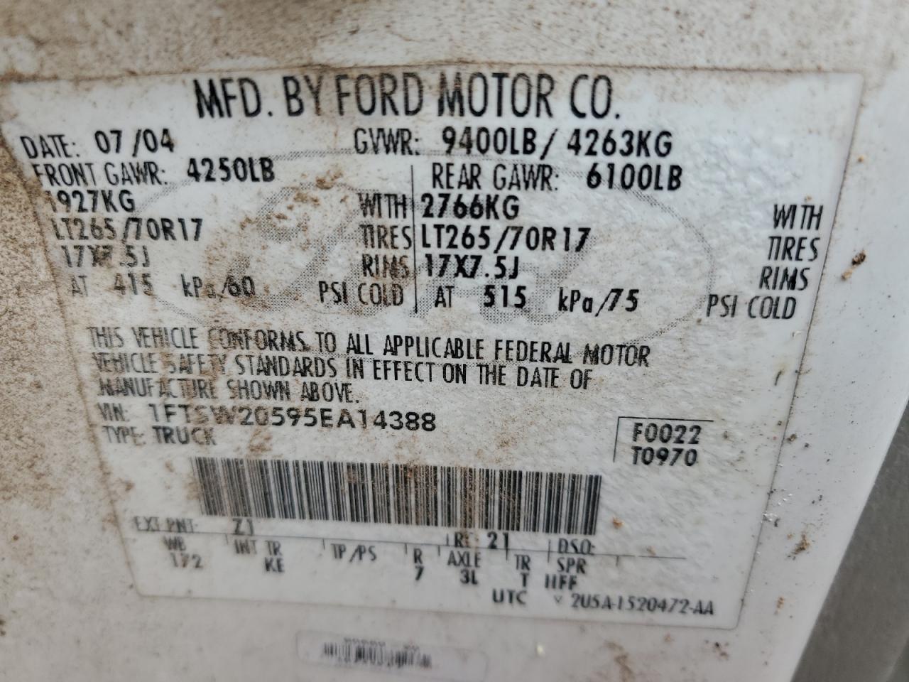 2005 Ford F250 Super Duty VIN: 1FTSW20595EA14388 Lot: 85898775