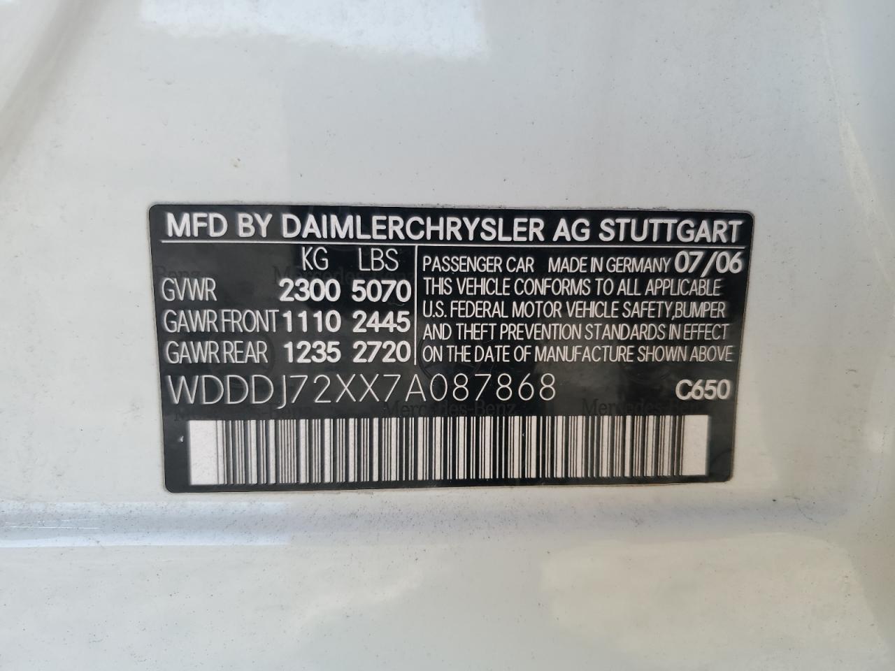 2007 Mercedes-Benz Cls 550 VIN: WDDDJ72XX7A087868 Lot: 82601505