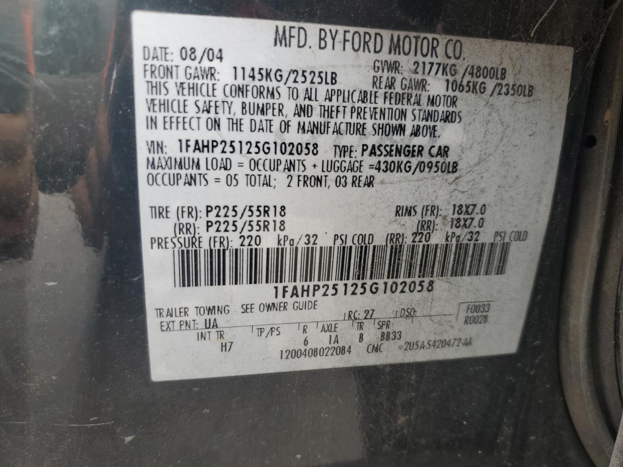 2005 Ford Five Hundred Limited VIN: 1FAHP25125G102058 Lot: 81969815