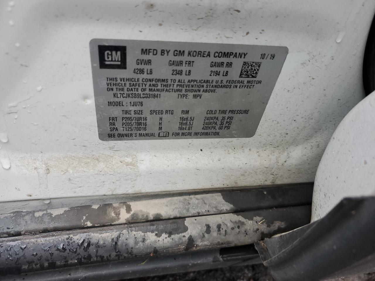 2020 Chevrolet Trax Ls VIN: KL7CJKSB9LB031841 Lot: 84298605