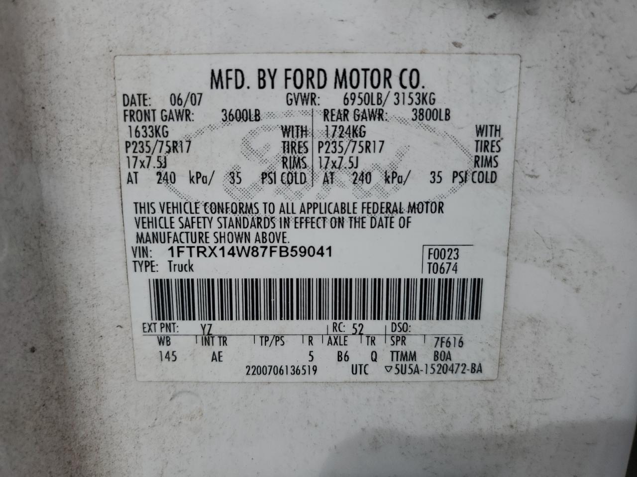 2007 Ford F150 VIN: 1FTRX14W87FB59041 Lot: 81112155