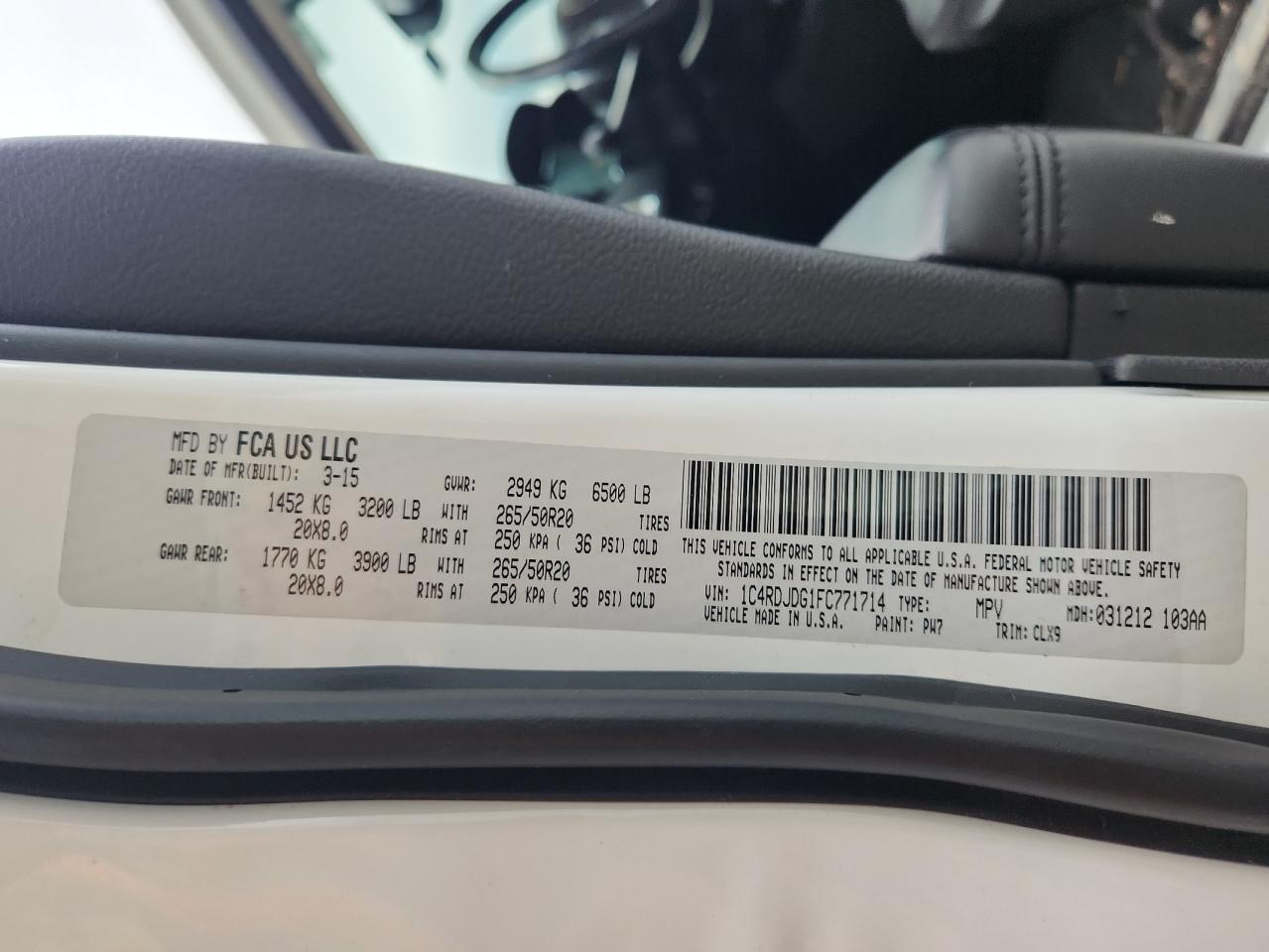 2015 Dodge Durango Limited VIN: 1C4RDJDG1FC771714 Lot: 90311705