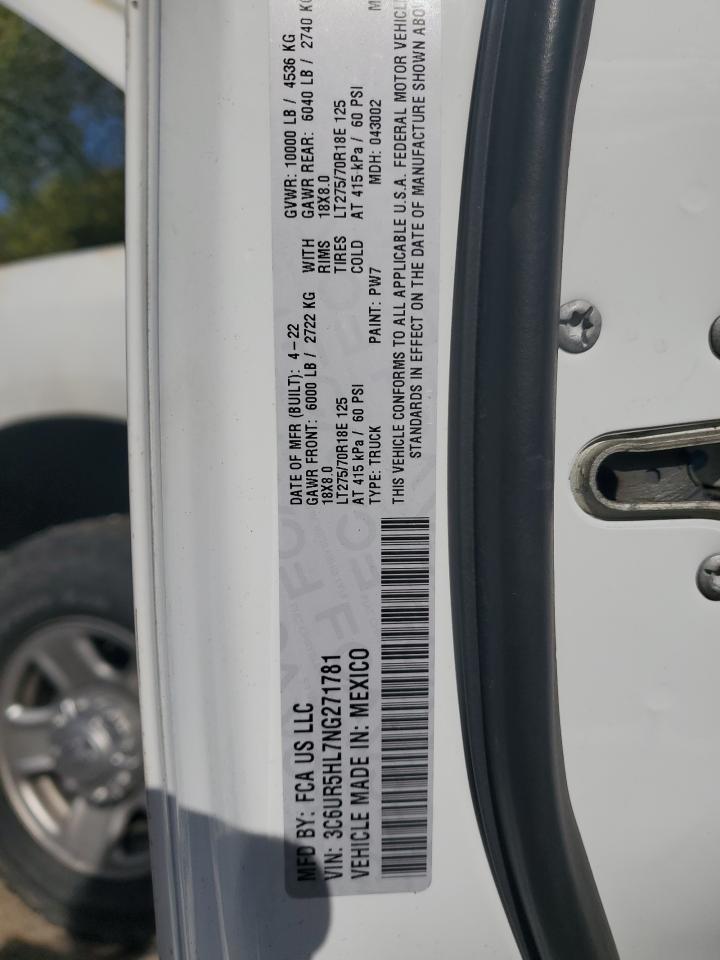 2022 Ram 2500 Tradesman VIN: 3C6UR5HL7NG271781 Lot: 85101035