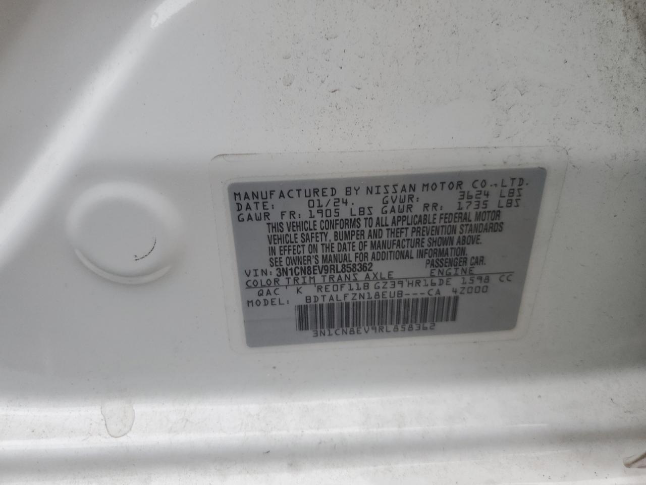 2024 Nissan Versa Sv VIN: 3N1CN8EV9RL858362 Lot: 86285495