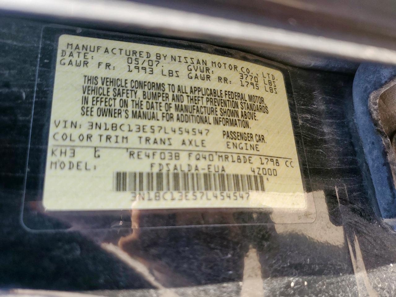 2007 Nissan Versa S VIN: 3N1BC13E57L454547 Lot: 85118925