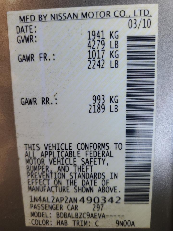 2010 Nissan Altima Base VIN: 1N4AL2AP2AN490342 Lot: 85498955