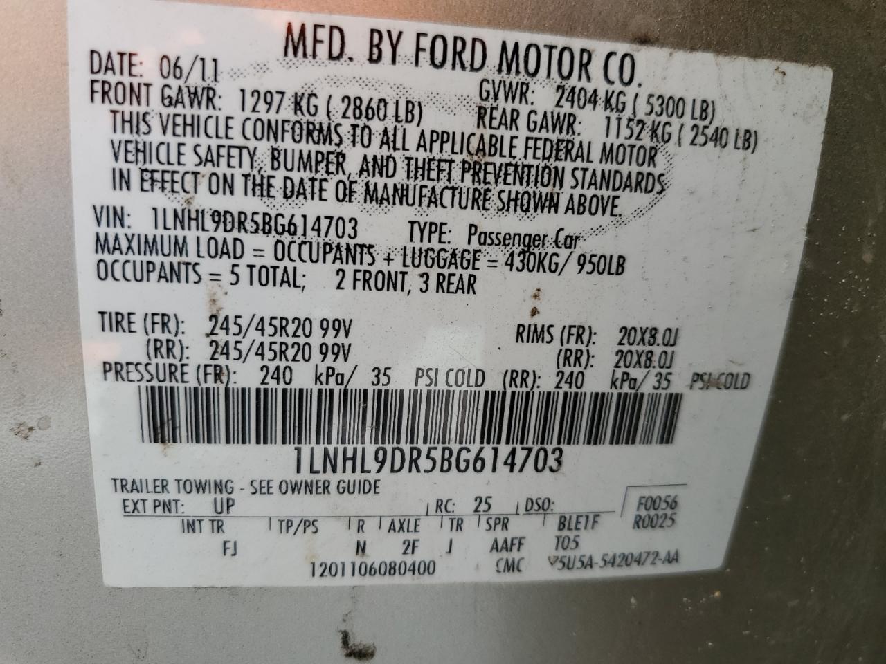 2011 Lincoln Mks VIN: 1LNHL9DR5BG614703 Lot: 85523345