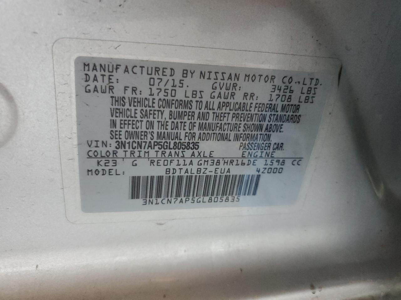 2016 Nissan Versa S VIN: 3N1CN7AP5GL805835 Lot: 86241815