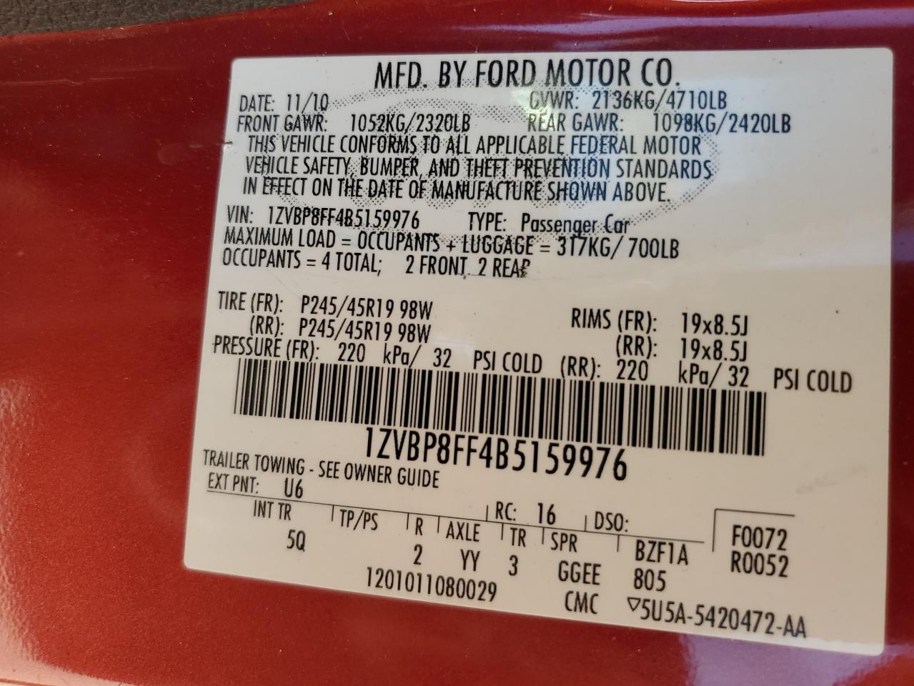 2011 Ford Mustang Gt VIN: 1ZVBP8FF4B5159976 Lot: 85554565