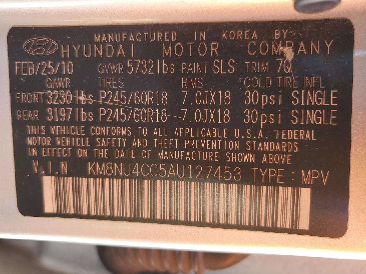 2010 Hyundai Veracruz Gls VIN: KM8NU4CC5AU127453 Lot: 90689945