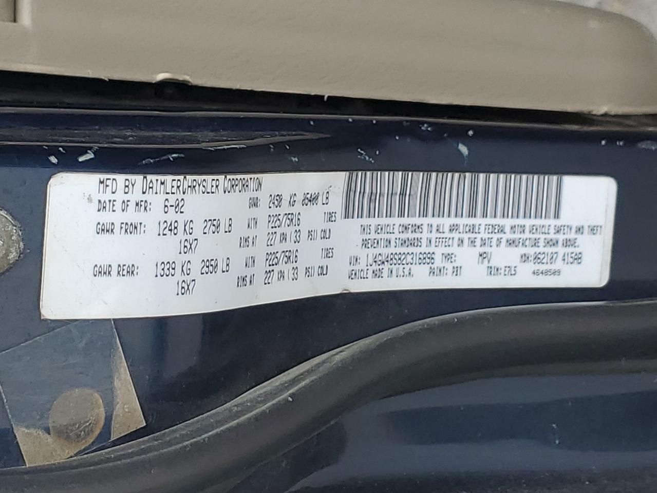 2002 Jeep Grand Cherokee Laredo VIN: 1J4GW48S82C316896 Lot: 85270335
