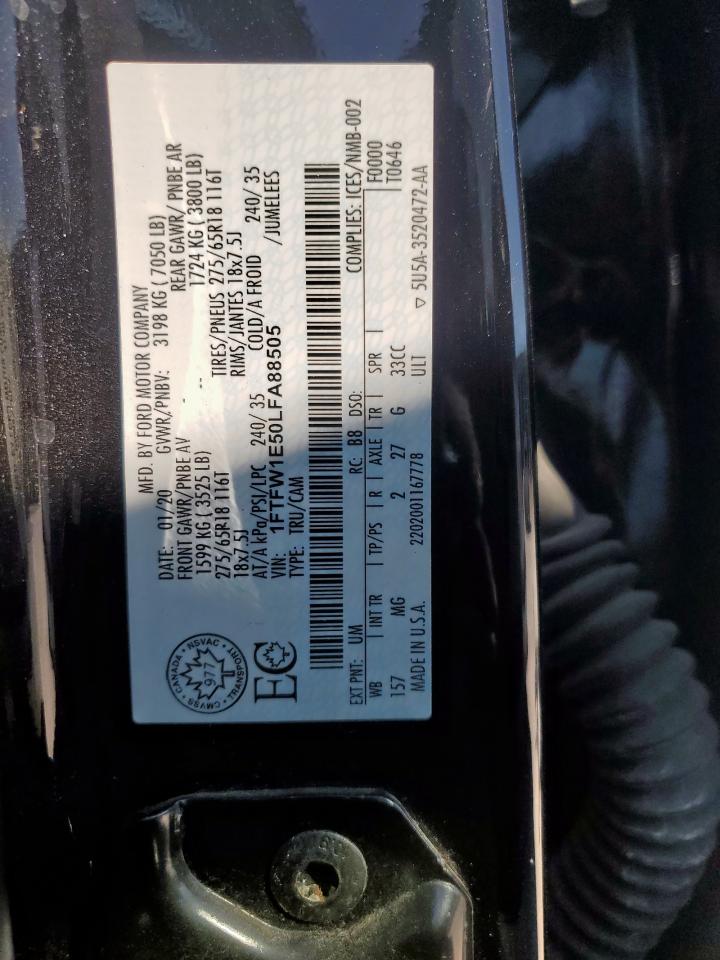 2020 Ford F150 Supercrew VIN: 1FTFW1E50LFA88505 Lot: 89919075
