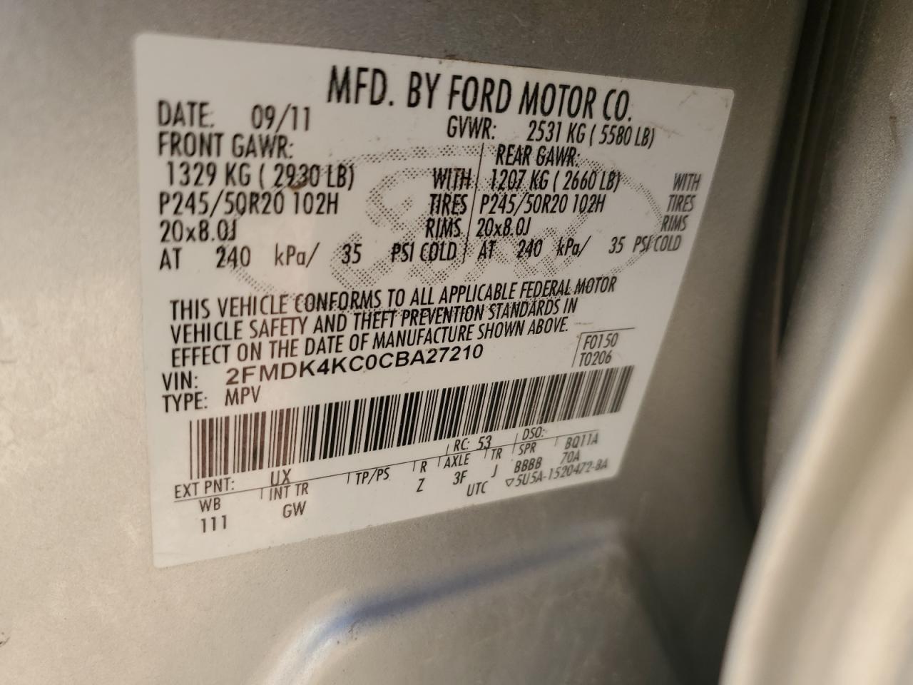 2012 Ford Edge Limited VIN: 2FMDK4KC0CBA27210 Lot: 86405685