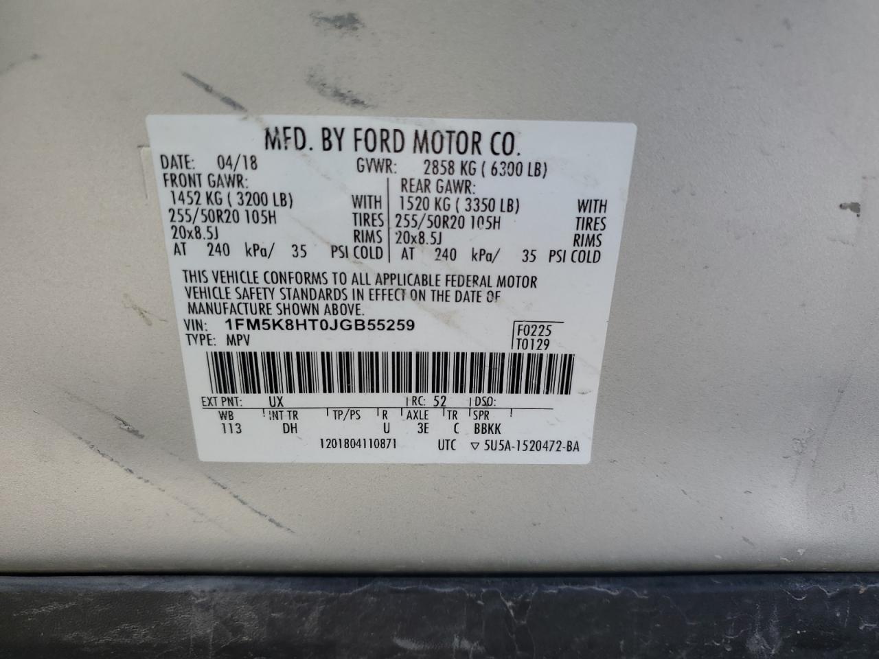 2018 Ford Explorer Platinum VIN: 1FM5K8HT0JGB55259 Lot: 85675665