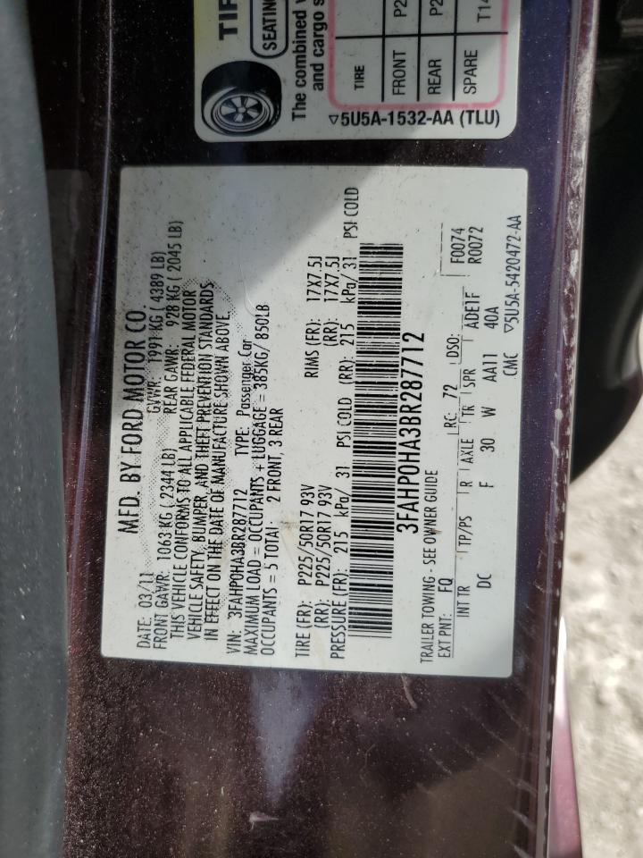 2011 Ford Fusion Se VIN: 3FAHP0HA3BR287712 Lot: 86079875