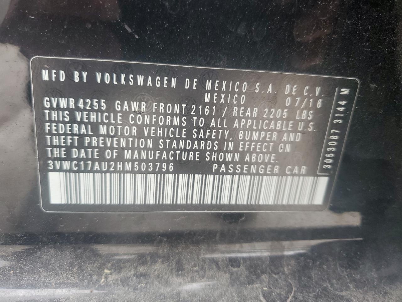 2017 Volkswagen Golf Sportwagen S VIN: 3VWC17AU2HM503796 Lot: 89893005