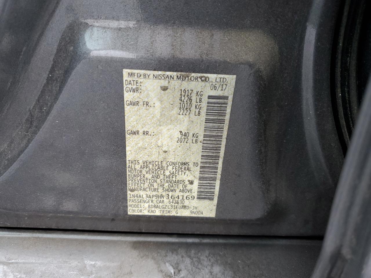 2017 Nissan Altima 2.5 VIN: 1N4AL3AP9HN364169 Lot: 82348835