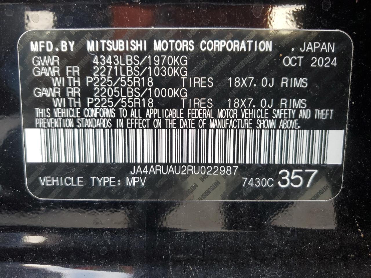 2024 Mitsubishi Outlander Sport S/Se VIN: JA4ARUAU2RU022987 Lot: 84723215