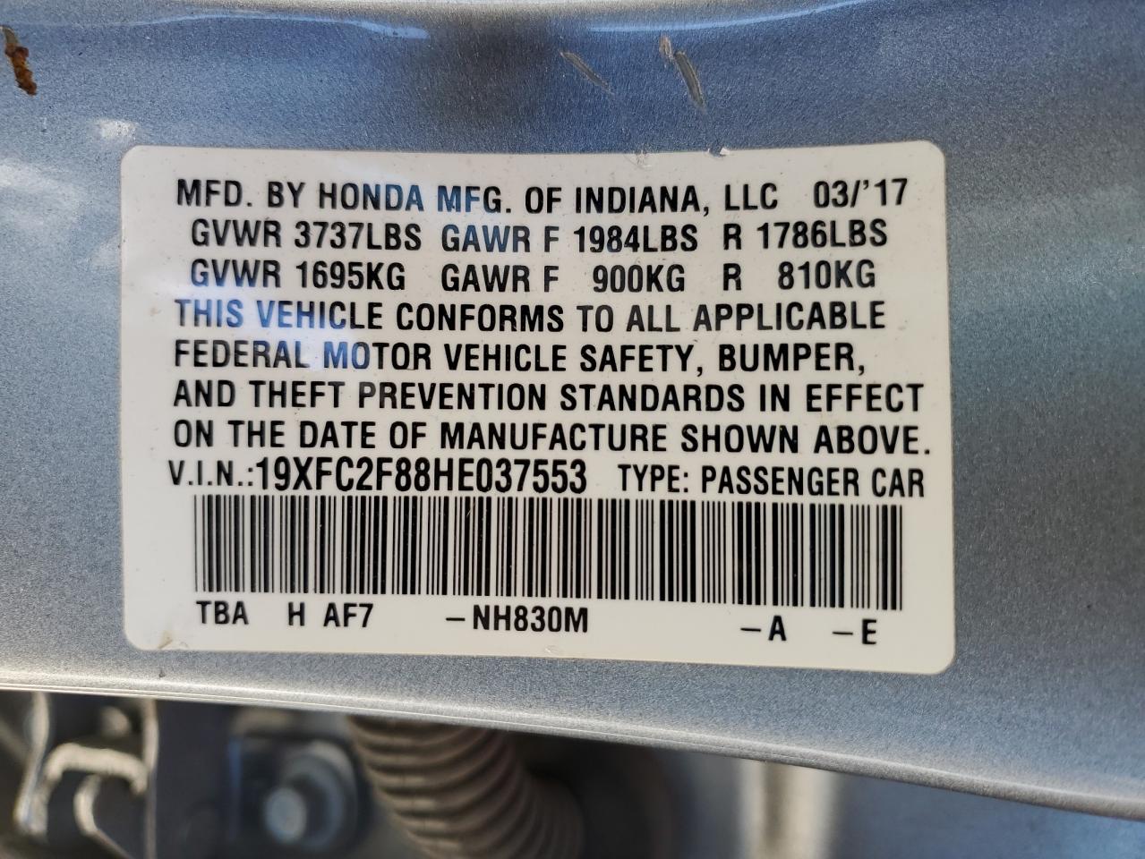 2017 Honda Civic Ex VIN: 19XFC2F88HE037553 Lot: 82358225