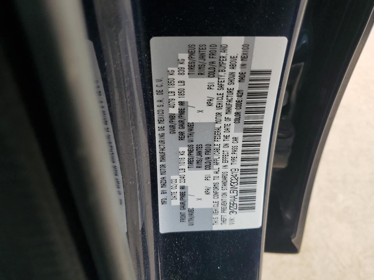 2022 Mazda 3 VIN: 3MZBPAAL5NM302419 Lot: 86809475