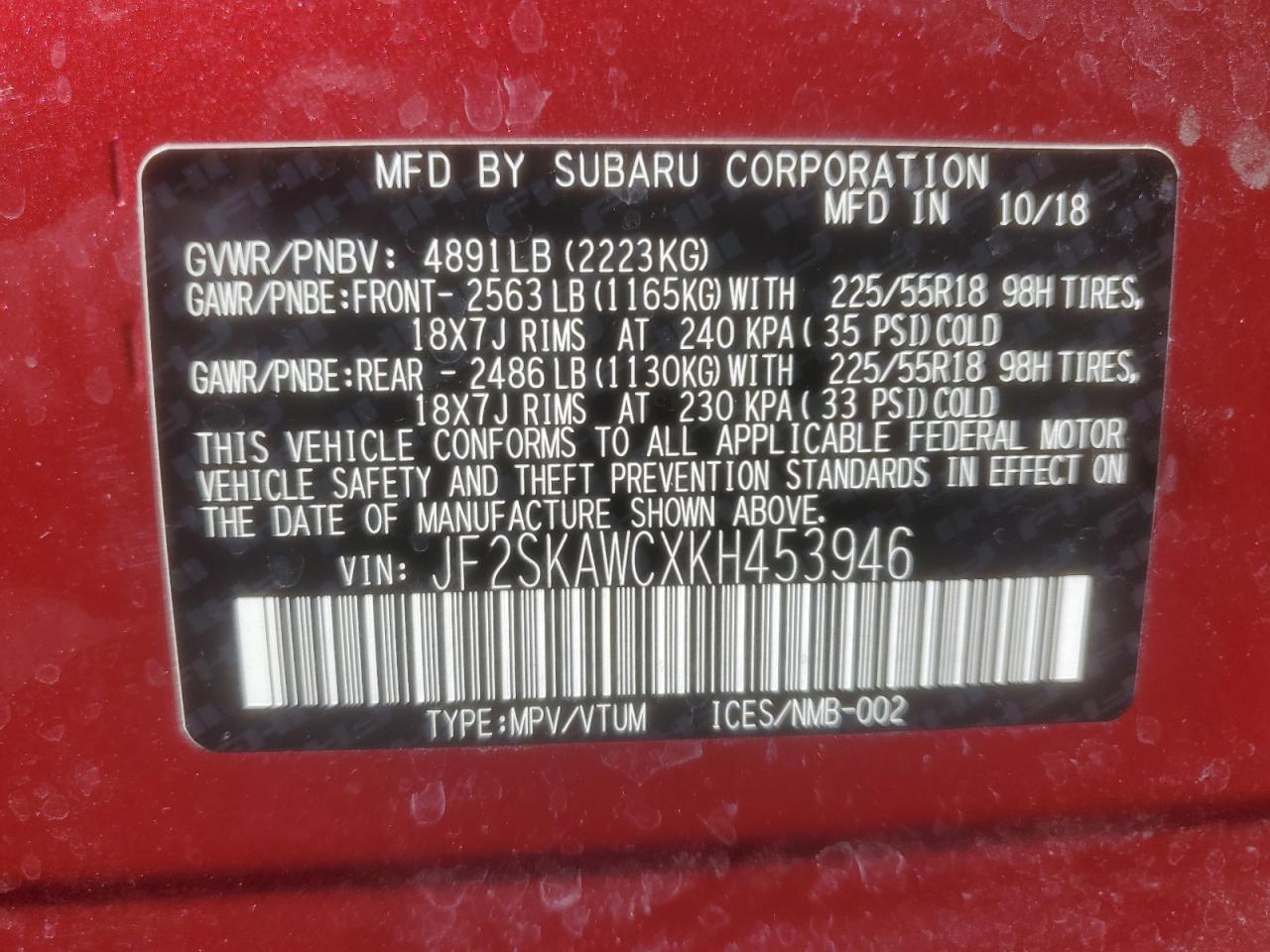 2019 Subaru Forester Touring VIN: JF2SKAWCXKH453946 Lot: 85140785