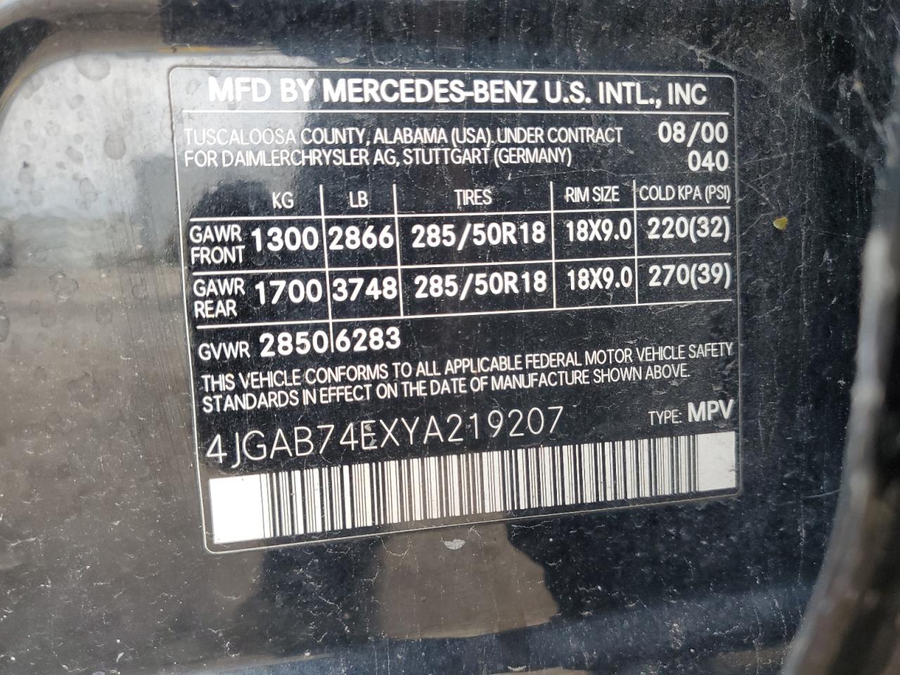 2000 Mercedes-Benz Ml 55 VIN: 4JGAB74EXYA219207 Lot: 82364335