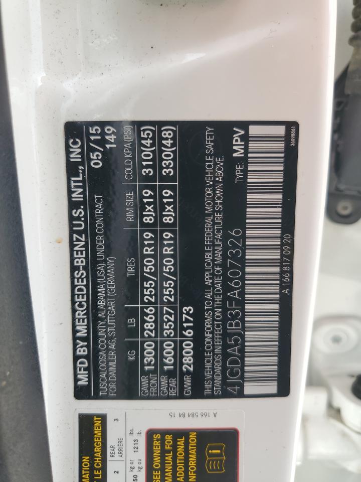 2015 Mercedes-Benz Ml 350 VIN: 4JGDA5JB3FA607326 Lot: 84957645