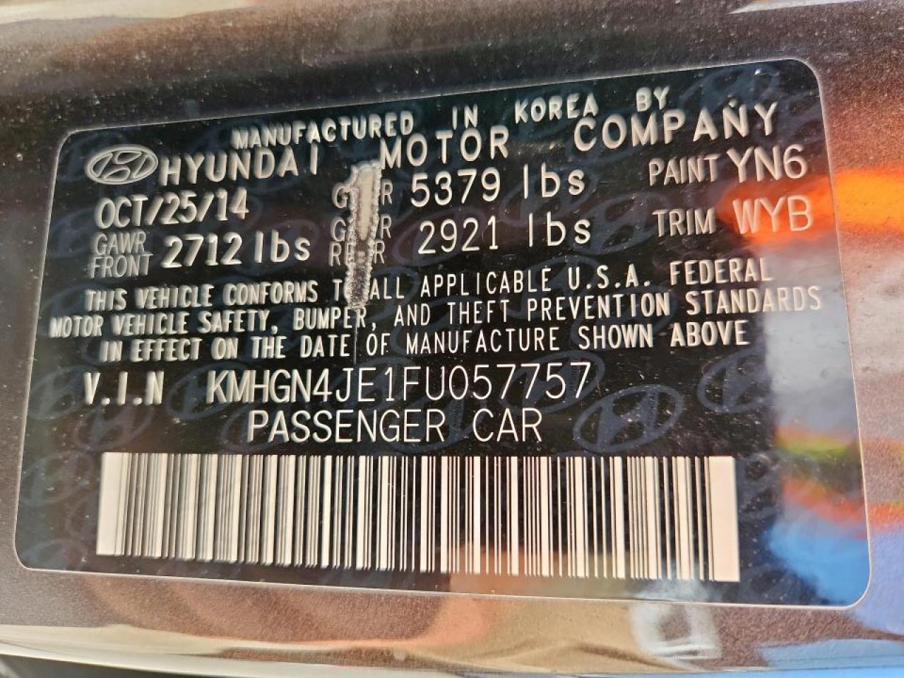 2015 Hyundai Genesis 3.8L VIN: KMHGN4JE1FU057757 Lot: 85305145