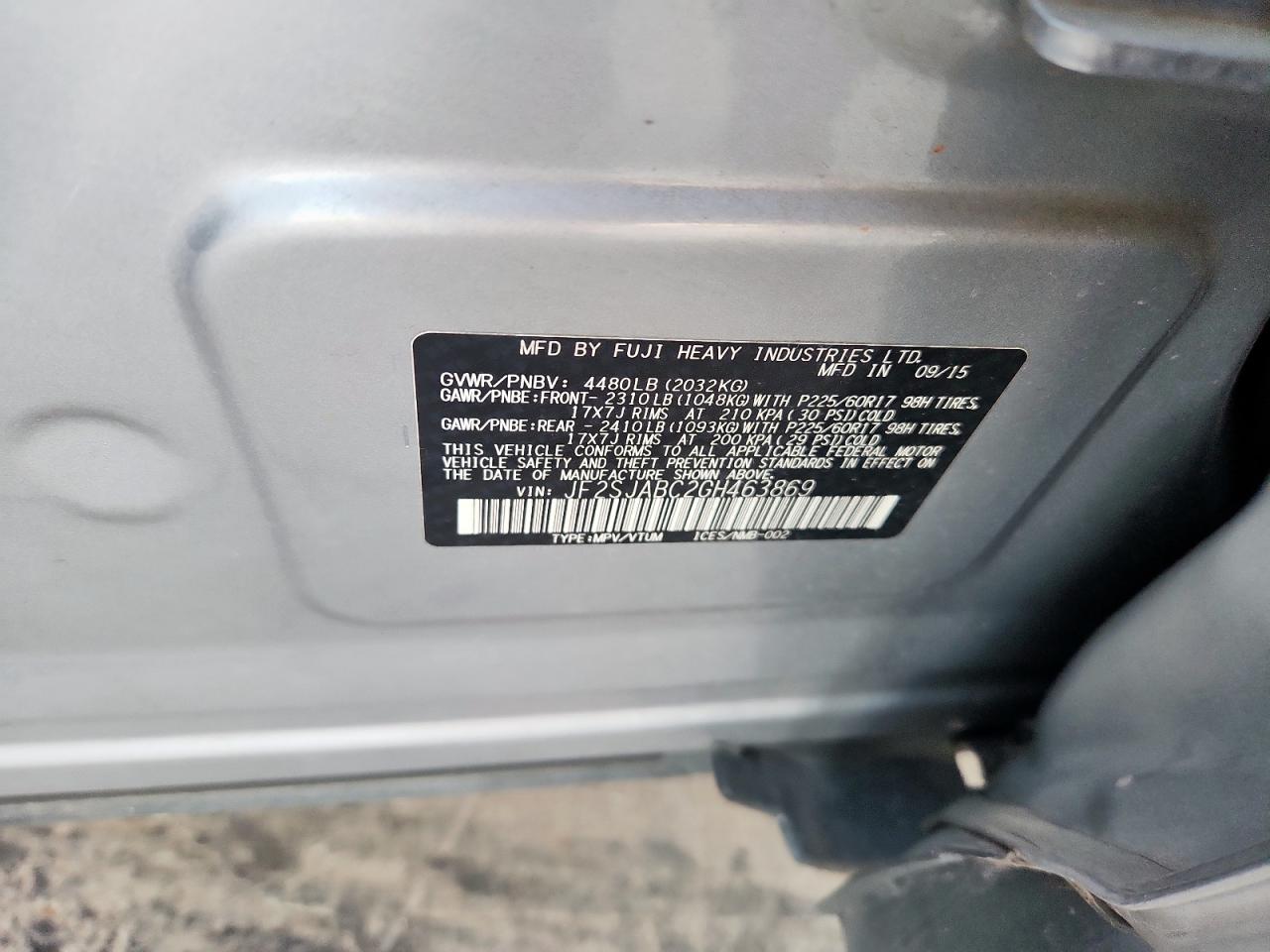 2016 Subaru Forester 2.5I VIN: JF2SJABC2GH463869 Lot: 85001775