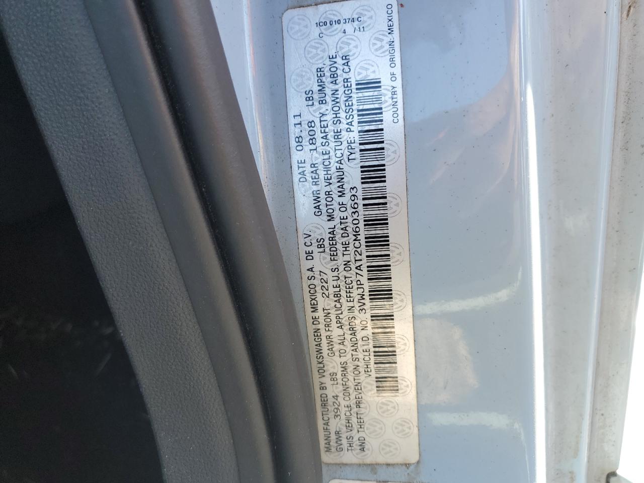 2012 Volkswagen Beetle VIN: 3VWJP7AT2CM603693 Lot: 89639995