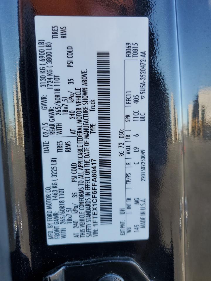 2015 Ford F150 Super Cab VIN: 1FTEX1CF6FFA80417 Lot: 90638825