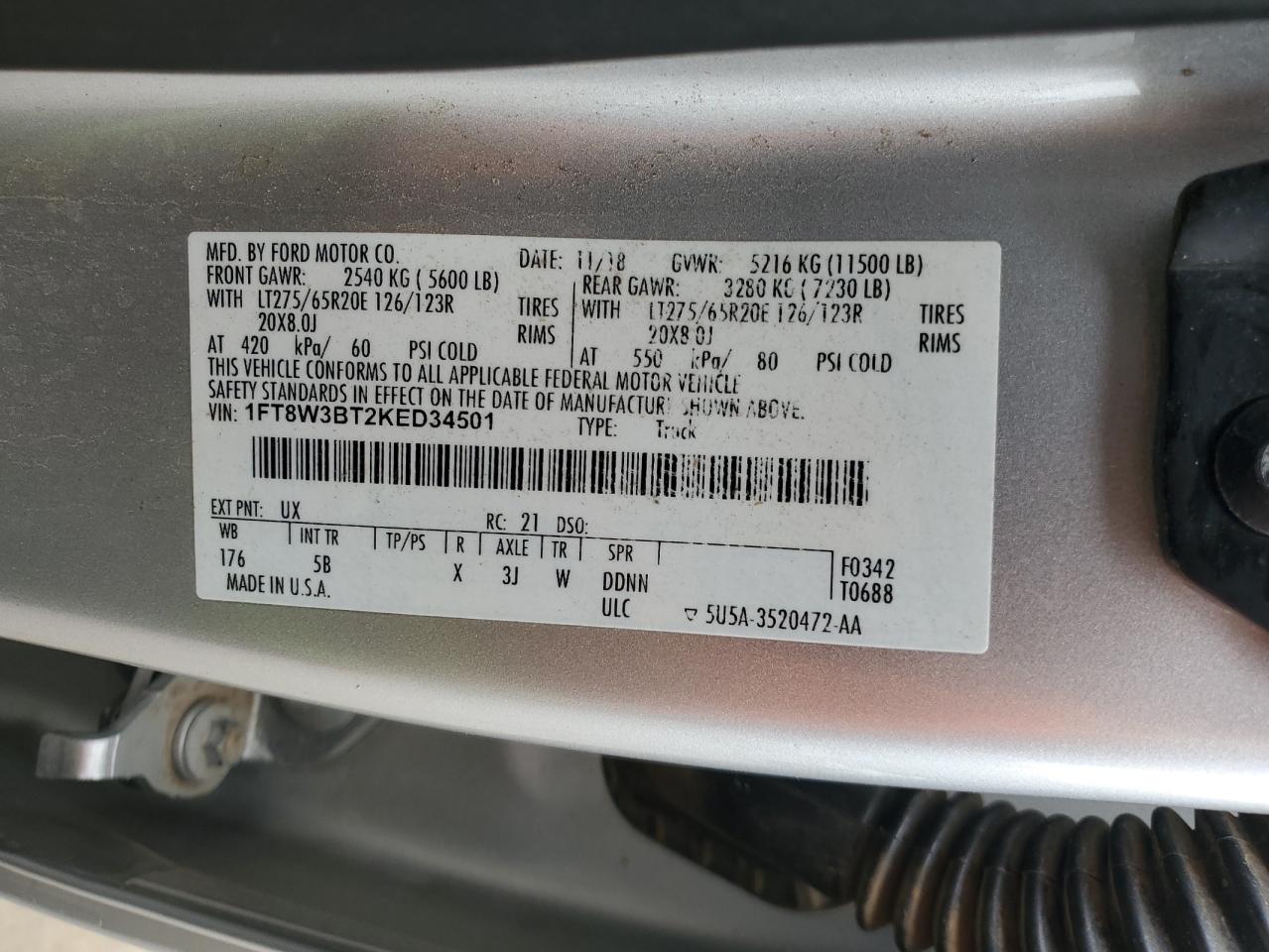 2019 Ford F350 Super Duty VIN: 1FT8W3BT2KED34501 Lot: 93703045