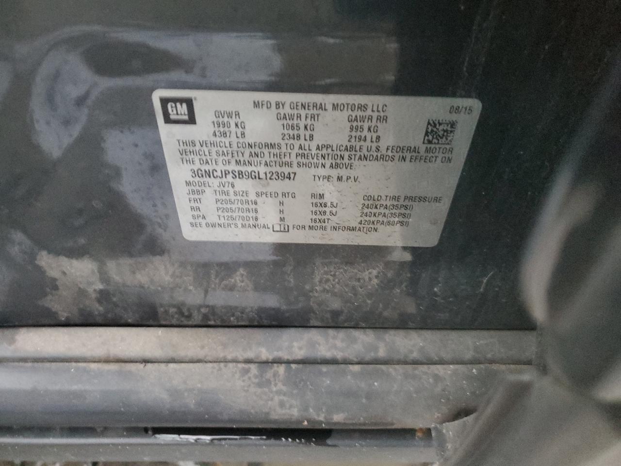 2016 Chevrolet Trax 1Lt VIN: 3GNCJPSB9GL123947 Lot: 90881475