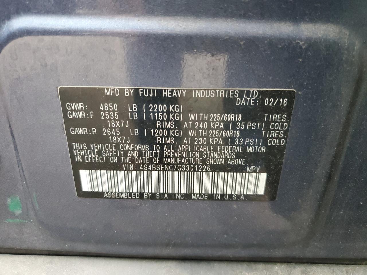 2016 Subaru Outback 3.6R Limited VIN: 4S4BSENC7G3301226 Lot: 85696425