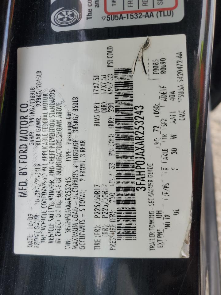 2010 Ford Fusion Sel VIN: 3FAHP0JAXAR253243 Lot: 82582865