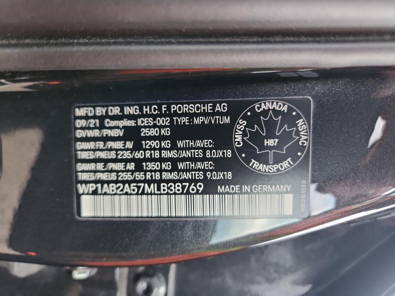 2021 Porsche Macan S VIN: WP1AB2A57MLB38769 Lot: 90022255