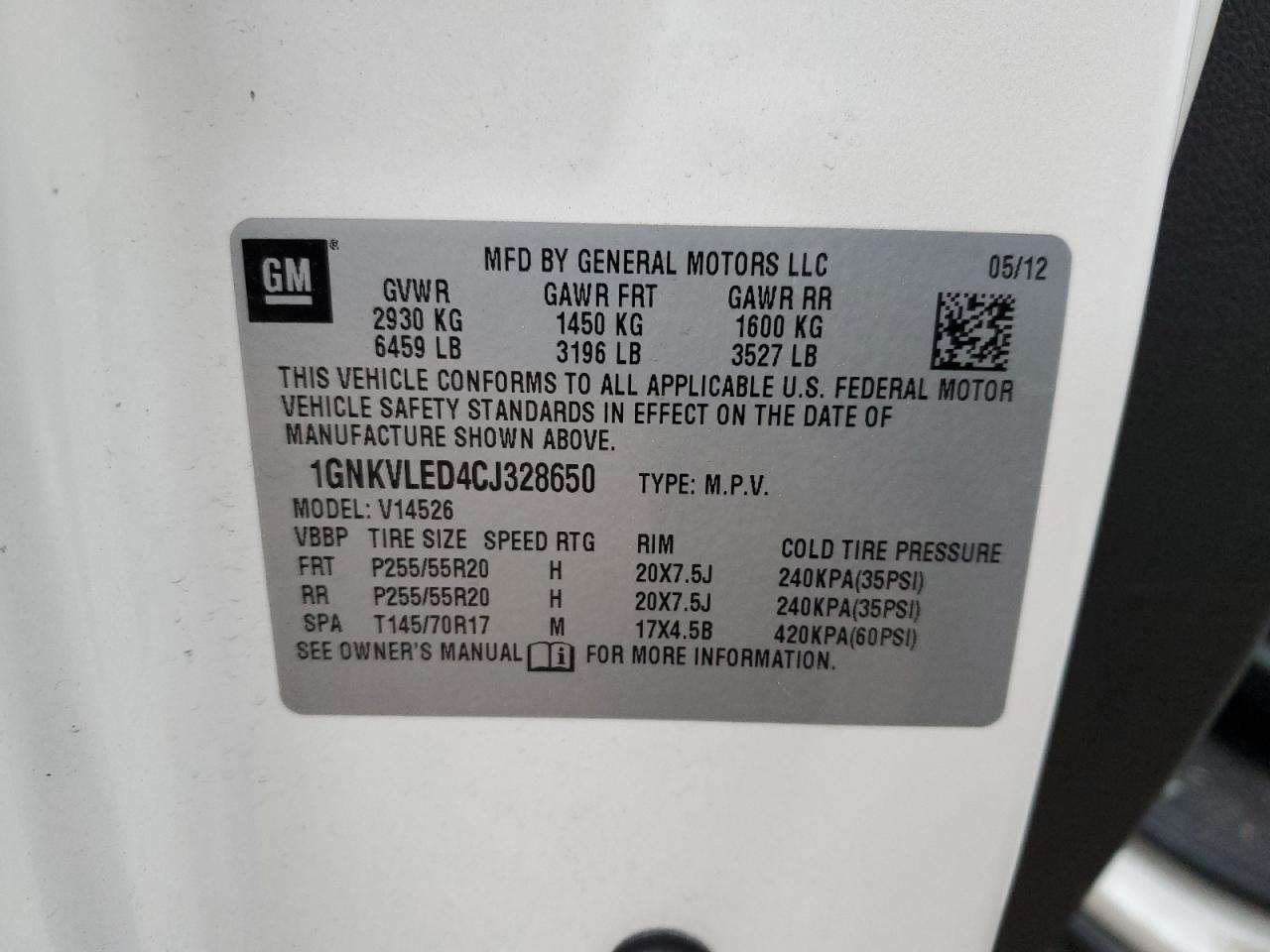 2012 Chevrolet Traverse Ltz VIN: 1GNKVLED4CJ328650 Lot: 82263835