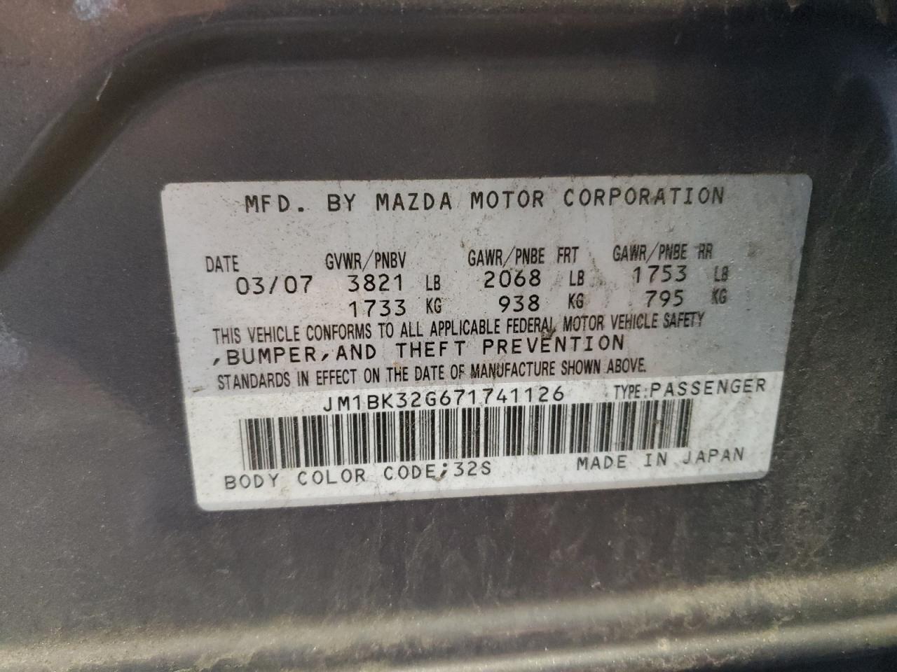 2007 Mazda 3 I VIN: JM1BK32G671741126 Lot: 86450685