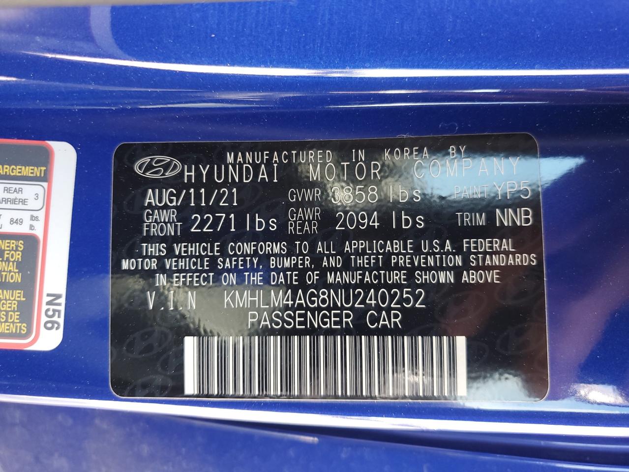 2022 Hyundai Elantra Sel VIN: KMHLM4AG8NU240252 Lot: 82341055