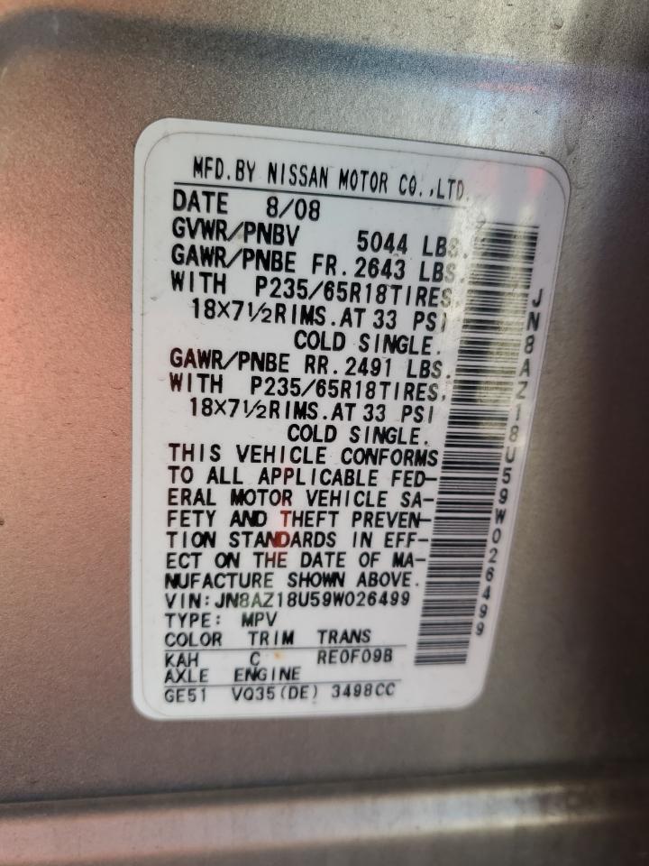 2009 Nissan Murano S VIN: JN8AZ18U59W026499 Lot: 85189435