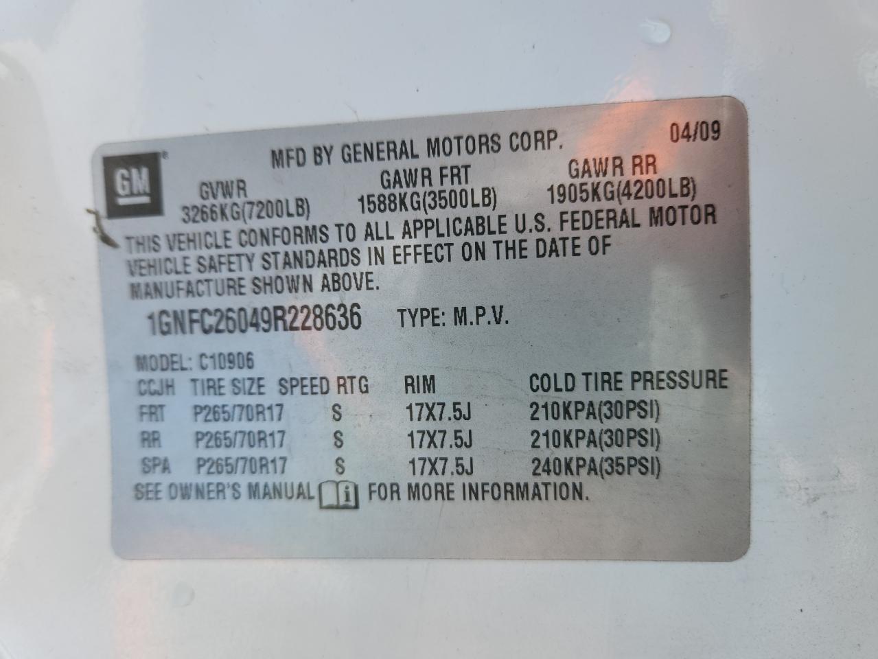 2009 Chevrolet Suburban C1500 Lt VIN: 1GNFC26049R228636 Lot: 84730885