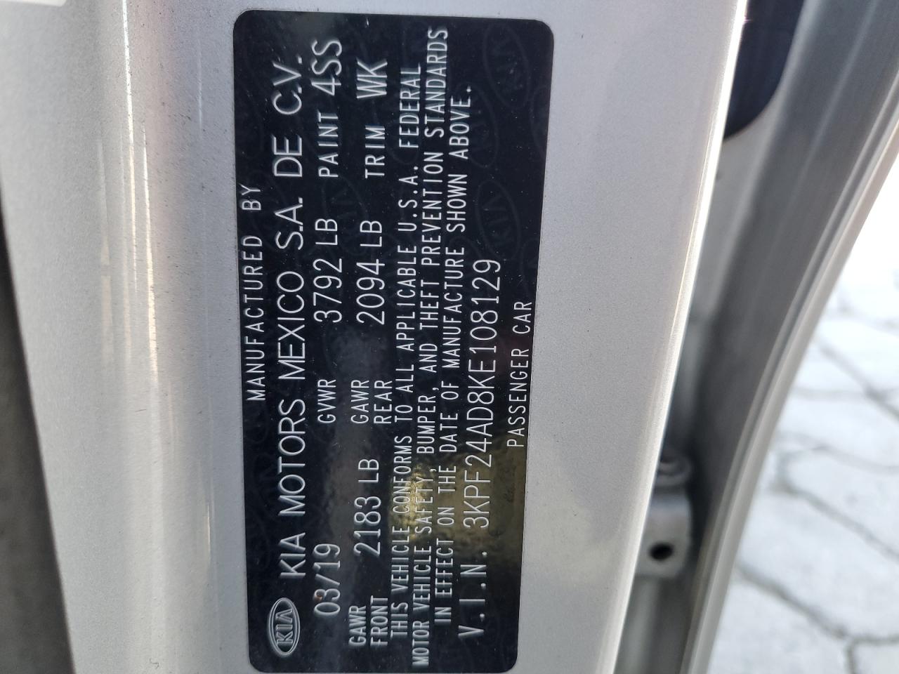 2019 Kia Forte Fe VIN: 3KPF24AD8KE108129 Lot: 82721545