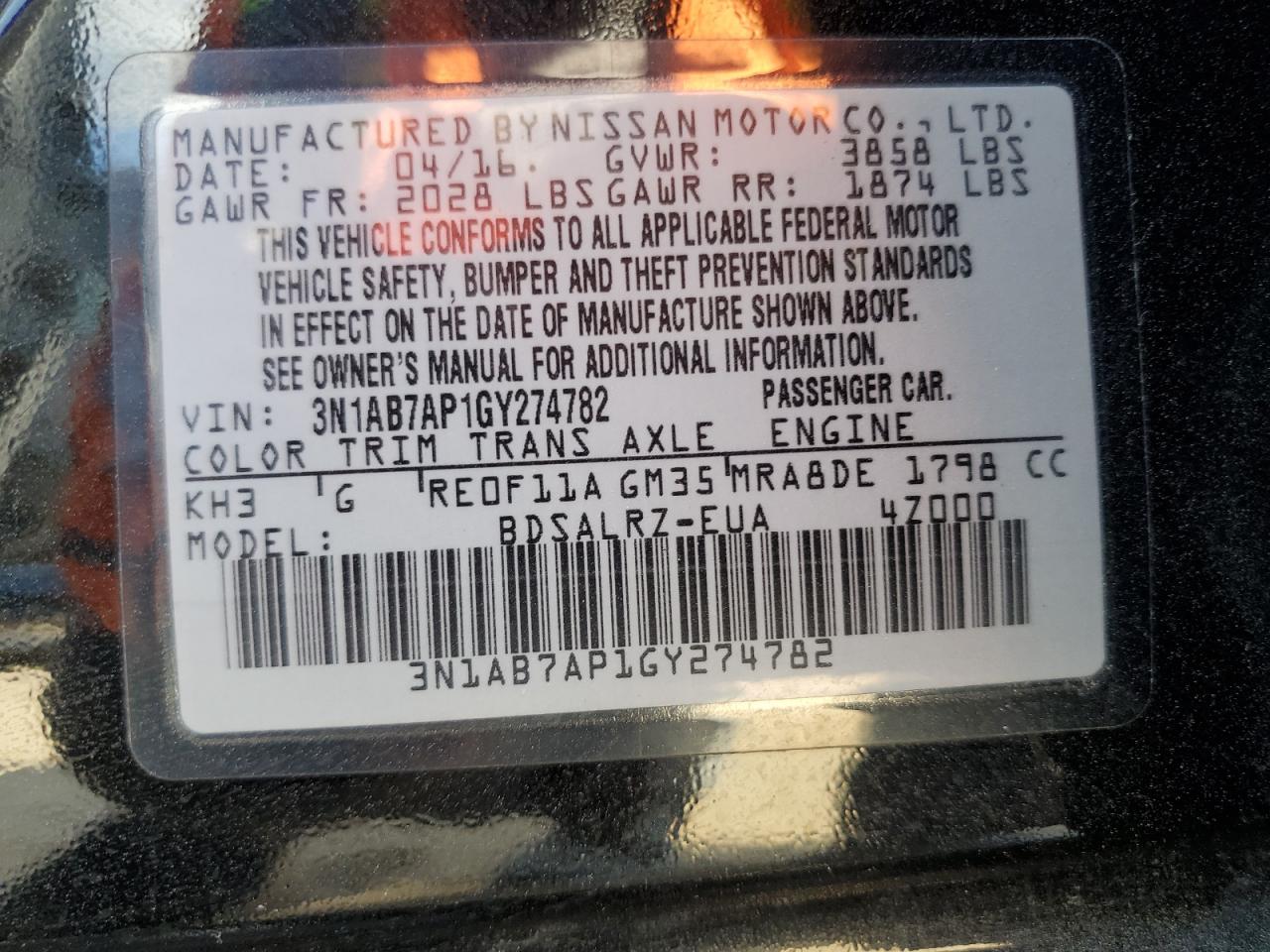 2016 Nissan Sentra S VIN: 3N1AB7AP1GY274782 Lot: 87236385