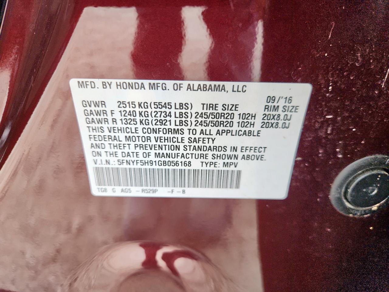 2016 Honda Pilot Touring VIN: 5FNYF5H91GB056168 Lot: 85380035