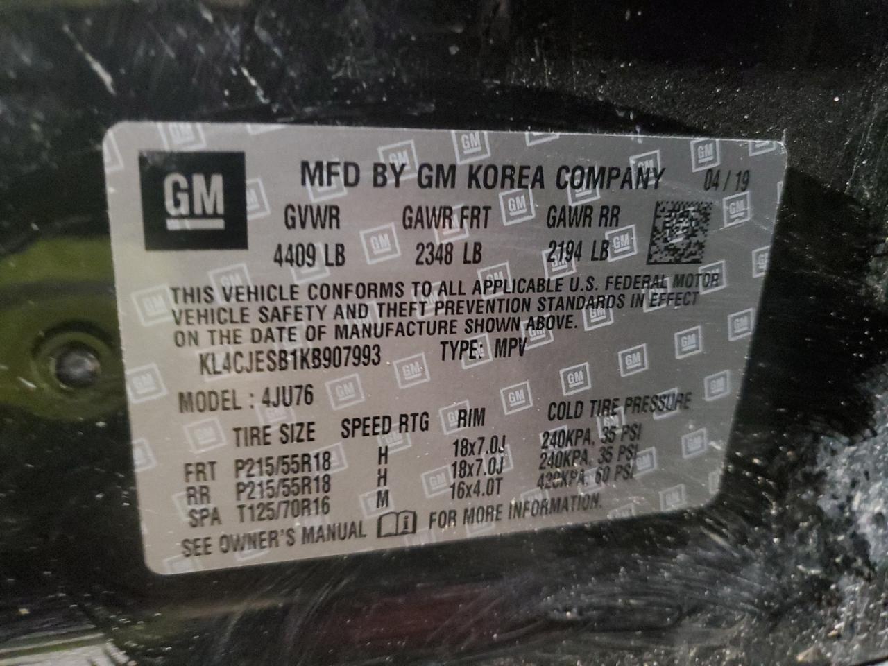 2019 Buick Encore Preferred VIN: KL4CJESB1KB907993 Lot: 84704335