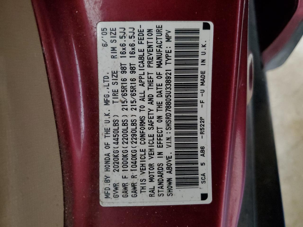 2005 Honda Cr-V Ex VIN: SHSRD78805U338921 Lot: 86506365