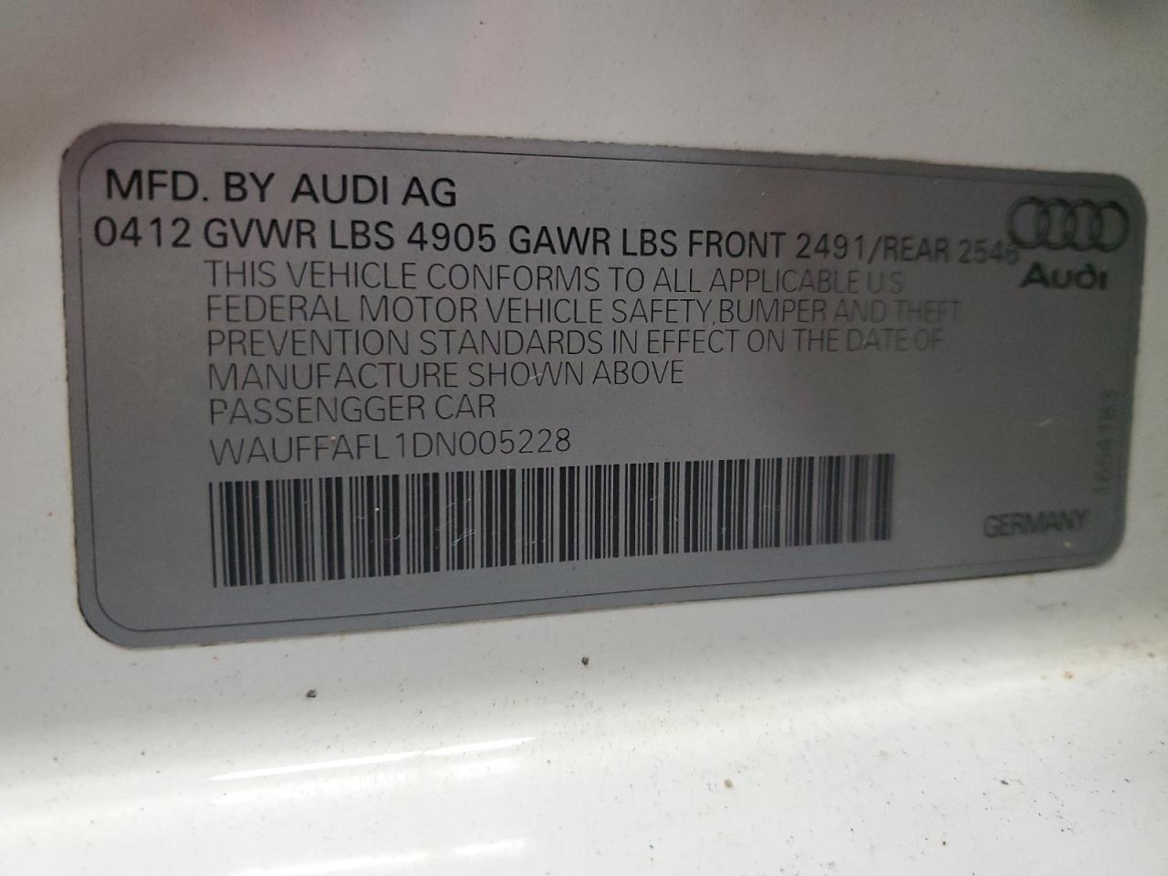 2013 Audi A4 Premium Plus VIN: WAUFFAFL1DN005228 Lot: 85506355